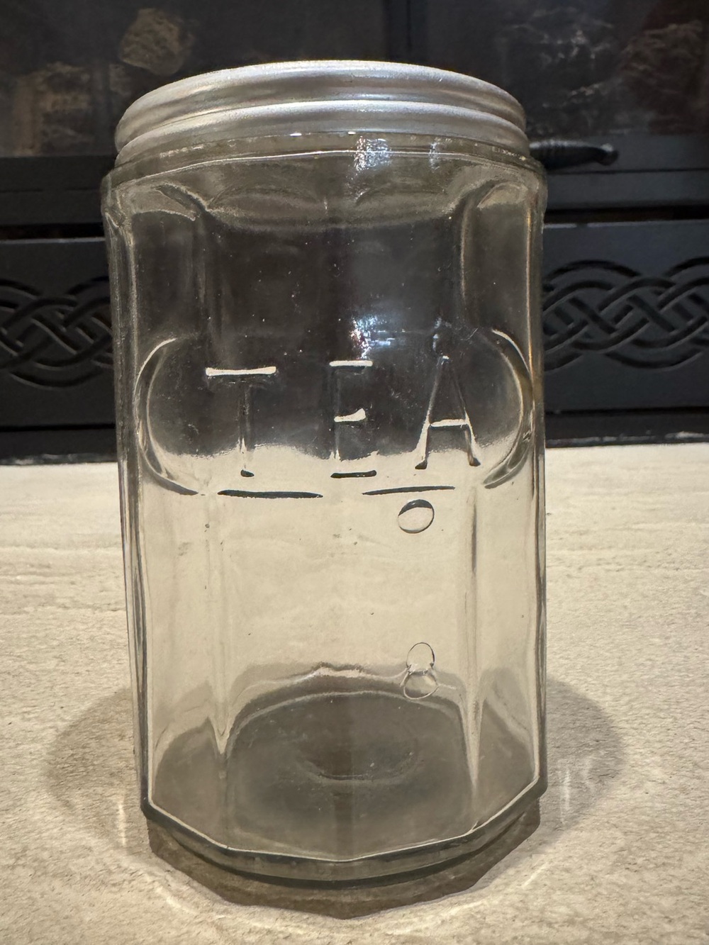 Antique 1920s-1930’s Hoosier Style Glass Tea Canister Jar Aluminum Lid 5” Tall